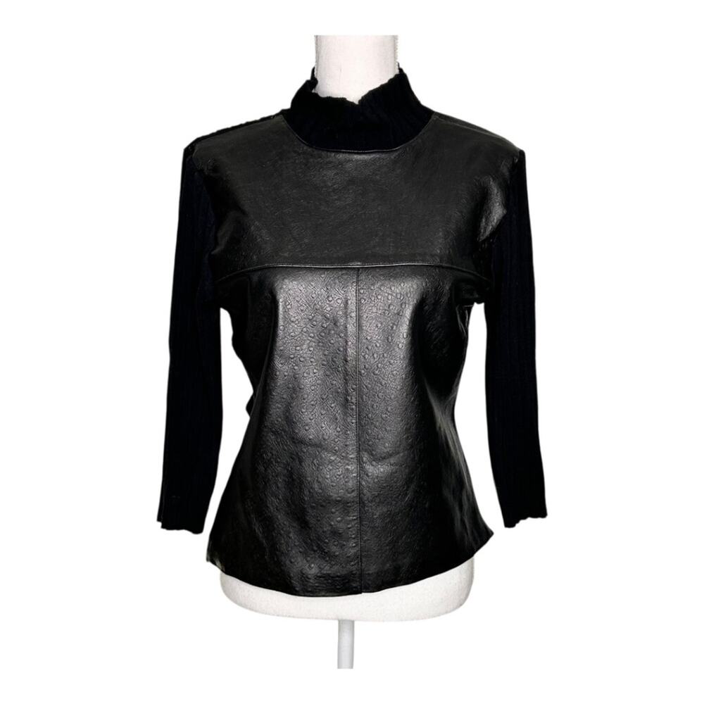 Yuka Black Leather and Knit Ribbed Turtleneck Sweater NWT T-4 XL